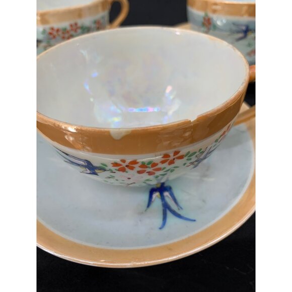 LusterWare Takito Ti Peach/ Blue 16PC Set* Japanese Hand Painted Set Birds Swall - Picture 9 of 14